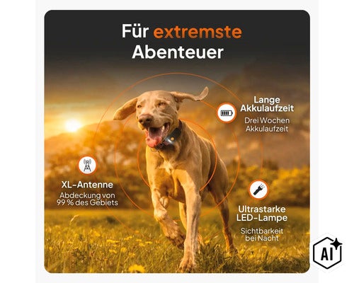 GPS-Tracker für Hunde für extreme Abenteuer mit XL-Antenne, drei Wochen Akkulaufzeit und ultrastarker LED-Lampe. (Image AI modified or generated)