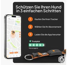 Infografik für Weenect GPS-Tracker für Hunde mit Drei-Schritte-Anleitung, Smartphone-App mit Karte und Trustpilot-Bewertung. (Image AI modified or generated)