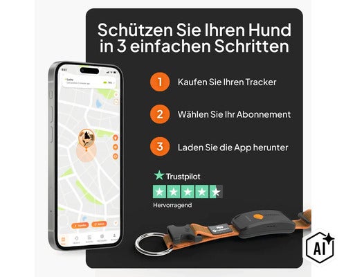 Infografik für Weenect GPS-Tracker für Hunde mit Drei-Schritte-Anleitung, Smartphone-App mit Karte und Trustpilot-Bewertung. (Image AI modified or generated)