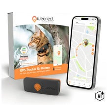 Traceur GPS Weenect XS pour chats avec l'appareil, l'emballage du produit et l'application smartphone pour localisation. (Image AI modified or generated)