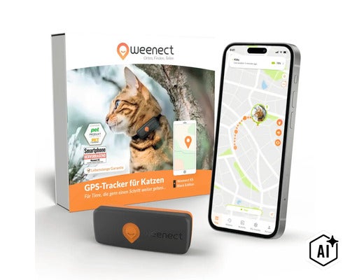Traceur GPS Weenect XS pour chats avec l'appareil, l'emballage du produit et l'application smartphone pour localisation. (Image AI modified or generated)
