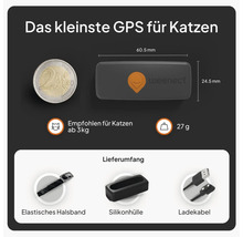 Traceur GPS Weenect pour chats avec dimensions, recommandé dès trois kilogrammes, inclus collier, coque en silicone et câble de charge.