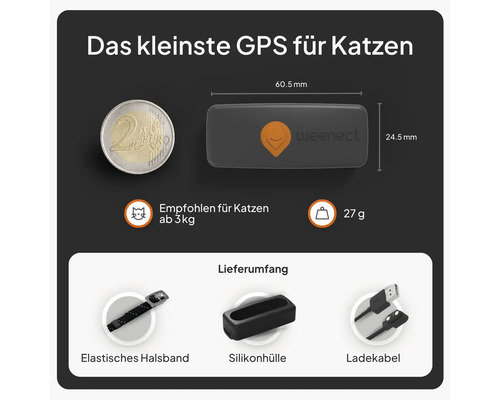 Traceur GPS Weenect pour chats avec dimensions, recommandé dès trois kilogrammes, inclus collier, coque en silicone et câble de charge.