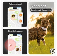 Traceur GPS pour chats avec fonctions d'application telles que module d'entraînement, zones de sécurité et localisation. (Image AI modified or generated)