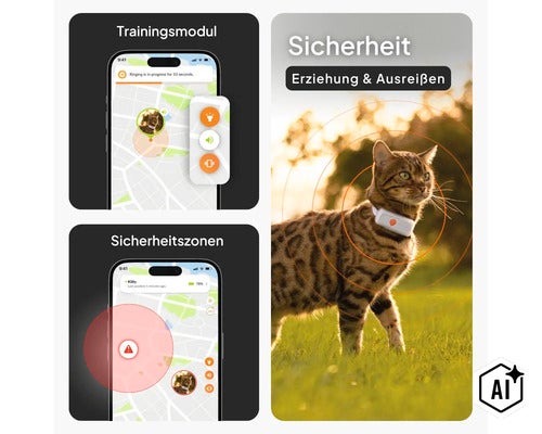 Traceur GPS pour chats avec fonctions d'application telles que module d'entraînement, zones de sécurité et localisation. (Image AI modified or generated)