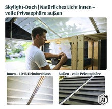 Un homme travaille dans un abri de jardin avec un toit Skylight translucide qui laisse entrer la lumière naturelle et assure la confidentialité. (Image AI modified or generated)