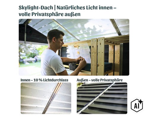 Un homme travaille dans un abri de jardin avec un toit Skylight translucide qui laisse entrer la lumière naturelle et assure la confidentialité. (Image AI modified or generated)