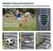 Plaques en polycarbonate Skylight pour abris de jardin illustrant la flexibilité et la résistance aux chocs des ballons pelles ou branches (Image AI modified or generated)