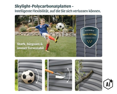 Plaques en polycarbonate Skylight pour abris de jardin illustrant la flexibilité et la résistance aux chocs des ballons pelles ou branches (Image AI modified or generated)