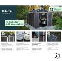 Abri de jardin Rubicon avec panneaux alvéolaires en polycarbonate et cadre en aluminium, avec vues détaillées de la structure, luminosité et porte. (Image AI modified or generated)