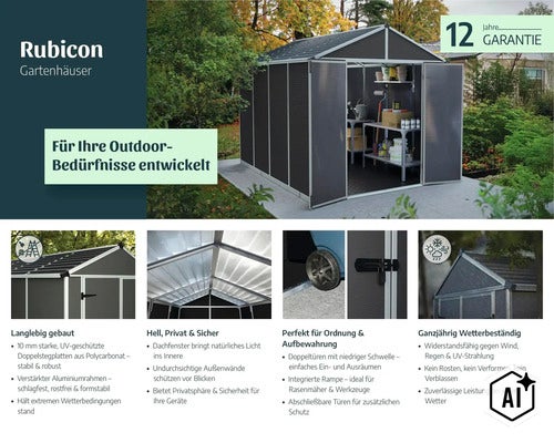 Abri de jardin Rubicon avec panneaux alvéolaires en polycarbonate et cadre en aluminium, avec vues détaillées de la structure, luminosité et porte. (Image AI modified or generated)