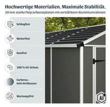 Abri de jardin en plaques de polycarbonate de 10 millimètres d'épaisseur avec cadre en aluminium, résistant aux chocs et intempéries, sans rouille. (Image AI modified or generated)