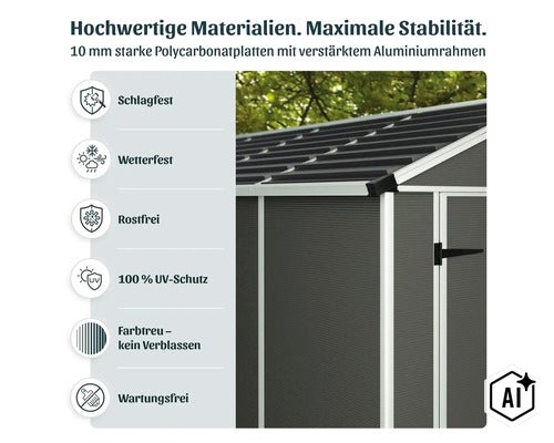 Abri de jardin en plaques de polycarbonate de 10 millimètres d'épaisseur avec cadre en aluminium, résistant aux chocs et intempéries, sans rouille. (Image AI modified or generated)