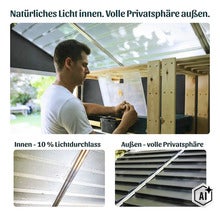 Un homme travaille dans une cabane de jardin avec un toit translucide qui laisse entrer la lumière naturelle et offre une intimité totale. (Image AI modified or generated)