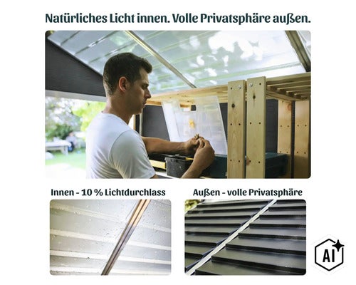 Un homme travaille dans une cabane de jardin avec un toit translucide qui laisse entrer la lumière naturelle et offre une intimité totale. (Image AI modified or generated)