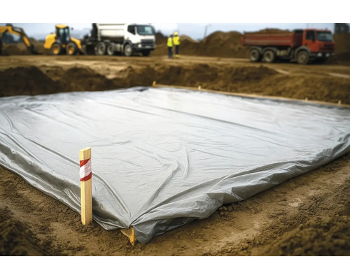 Grande bâche de protection grise étalée sur le sol d'un chantier avec des camions de chantier en arrière-plan.