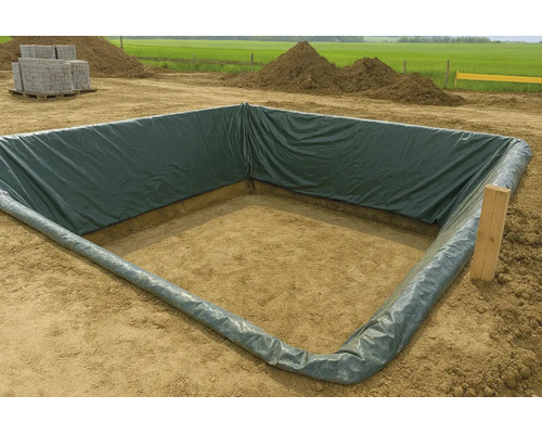 Une fosse de construction carrée tapissée d'un film PE vert foncé sur un chantier avec des tas de terre à l'arrière-plan.