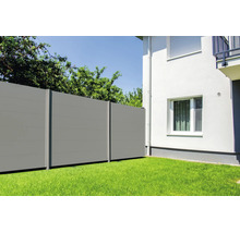 Clôture brise-vue grise composée de panneaux horizontaux dans un jardin à côté d'une maison blanche sur une pelouse.