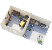 Abri de jardin en bois à deux compartiments vue du dessus, aménagé avec tondeuse autoportée, barbecue, bois de chauffage et outils de jardin.