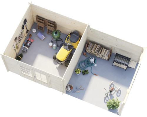 Vue en 3D d'un abri de jardin en bois à deux pièces avec tracteur tondeuse, outils, barbecue, bois de chauffage et vélo.