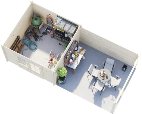 Gartenhaus aus Holz in der Aufsicht mit Abstellraum für Gartengeräte und einem gemütlichen, möblierten Terrassenbereich.