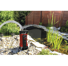 Pompe pour eaux chargées Einhell avec tuyau à côté d'un bassin de jardin avec pierres et plantes.