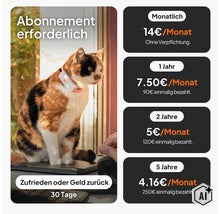 Infographie sur les tarifs d'abonnement pour le traceur GPS pour chat avec différentes durées et une garantie satisfait ou remboursé de 30 jours. (Image AI modified or generated)