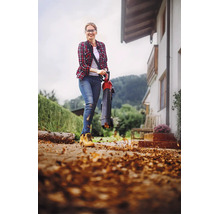 Eine Frau benutzt einen Laubsauger und Laubbläser, um Herbstlaub von einem gepflasterten Weg vor einem Haus zu entfernen.