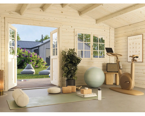 Abri de jardin en bois aménagé en salle de fitness avec tapis de yoga, ballon d'exercice et vélo d'appartement.