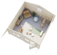Vue de dessus d'un abri de jardin en bois aménagé en salle de sport privée avec équipement de yoga, banc de musculation et vélo d'appartement.
