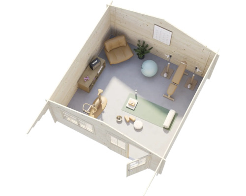Vue de dessus d'un abri de jardin en bois aménagé en salle de sport privée avec équipement de yoga, banc de musculation et vélo d'appartement.