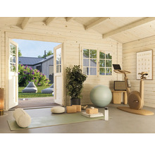 Abri de jardin en bois chaleureux, aménagé en salle de sport et de yoga avec vue sur le jardin par les portes ouvertes.