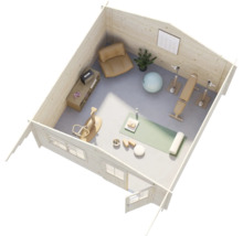 Vue de dessus d'un abri en bois aménagé en salle de sport avec des appareils de fitness, un tapis de yoga et un coin salon.