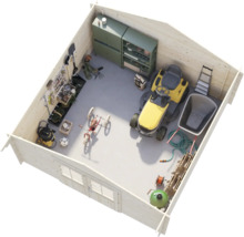 Vue de dessus d'un abri de jardin en bois avec équipement comme tondeuse autoportée, brouette, étagères et outils, espace de rangement organisé.