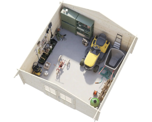 Vue de dessus d'un abri de jardin en bois avec équipement comme tondeuse autoportée, brouette, étagères et outils, espace de rangement organisé.