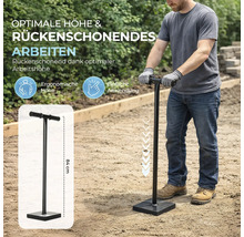 Dame de sol manuelle en métal d'une hauteur de 84 centimètres, utilisée par une personne pour compacter la terre.