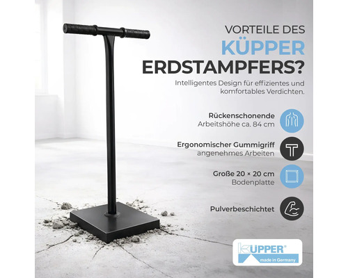 Dame de terre Küpper, hauteur de travail environ 84 centimètres, poignée ergonomique en caoutchouc, plaque de base 20 sur 20 centimètres.