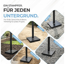 Dame manuelle sur différents supports tels que de la terre de jardin, du sable, du béton, du gravier et du sol mixte.