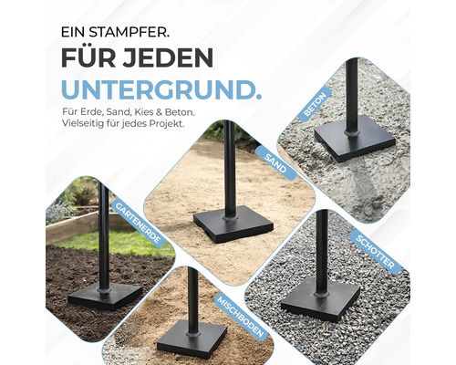 Dame manuelle sur différents supports tels que de la terre de jardin, du sable, du béton, du gravier et du sol mixte.