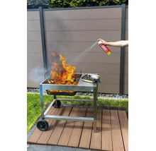 Une personne éteint les flammes d un barbecue au charbon de bois avec une bombe extinctrice dans un jardin devant une clôture.