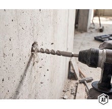 Ein Betonbohrer bohrt in eine massive Betonwand auf einer Baustelle (Image AI modified or generated)