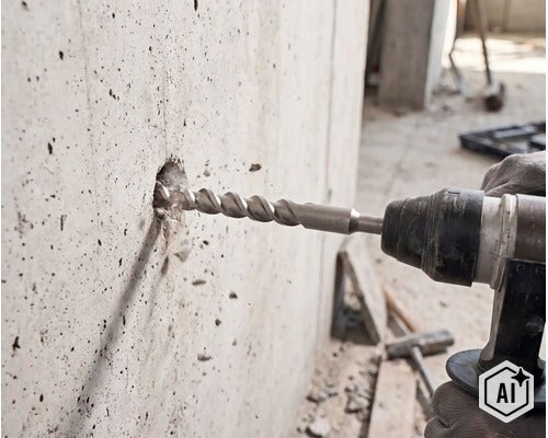 Ein Betonbohrer bohrt in eine massive Betonwand auf einer Baustelle (Image AI modified or generated)