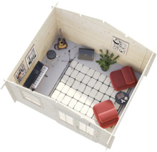 Vue de dessus d une cabane de jardin en bois aménagée en salle de musique avec clavier, guitare, amplificateur, fauteuils et tapis.