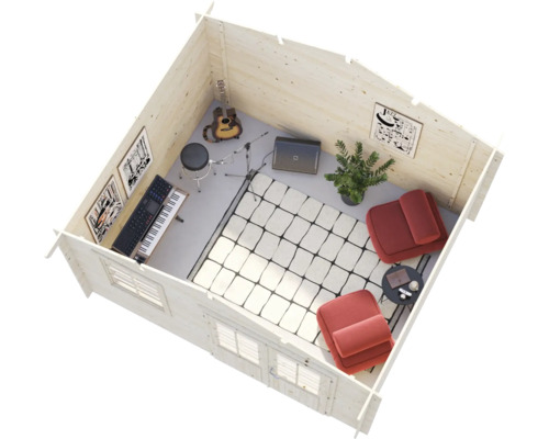 Vue de dessus d une cabane de jardin en bois aménagée en salle de musique avec clavier, guitare, amplificateur, fauteuils et tapis.