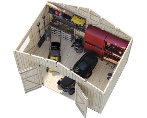 Aménagement d'un abri de jardin en bois avec tondeuse à gazon, tondeuse autoportée, étagères et accessoires d'atelier pour un rangement organisé.