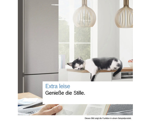Eine Katze schläft auf einer Küchenarbeitsplatte neben einem sehr leisen Bosch Kühlschrank in einer modernen und hellen Wohnküche.
