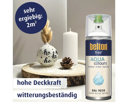 Peinture en aérosol Belton Free Aqua Colours en blanc pur brillant RAL 9010 pour 2 mètres carrés avec haut pouvoir couvrant et résistance