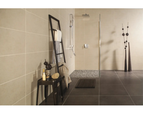 Salle de bain moderne avec douche à l'italienne, carrelage mural clair, carrelage au sol foncé et échelle décorative porte-serviettes.