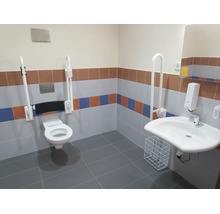 Salle de bain accessible avec toilettes suspendues, barres d appui relevables, lavabo, distributeur de savon et carrelage de différentes couleurs.