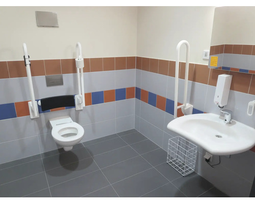 Salle de bain accessible avec toilettes suspendues, barres d appui relevables, lavabo, distributeur de savon et carrelage de différentes couleurs.